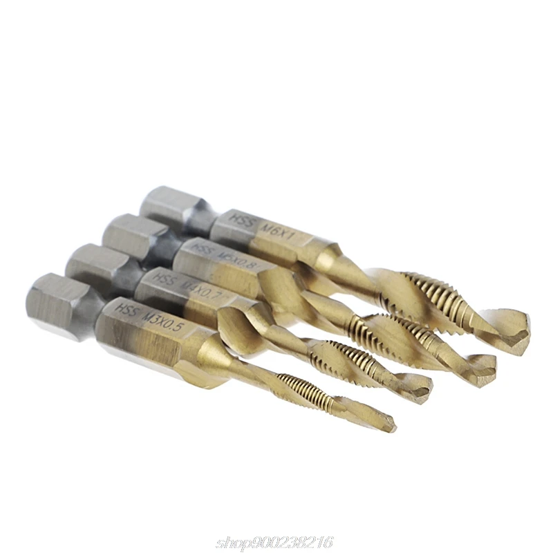 

4 Pcs/Set HSS4241 Titanium Coated Bits Drill Hex Shank Spiral Tap M3-M6 J07 21 Dropshipping