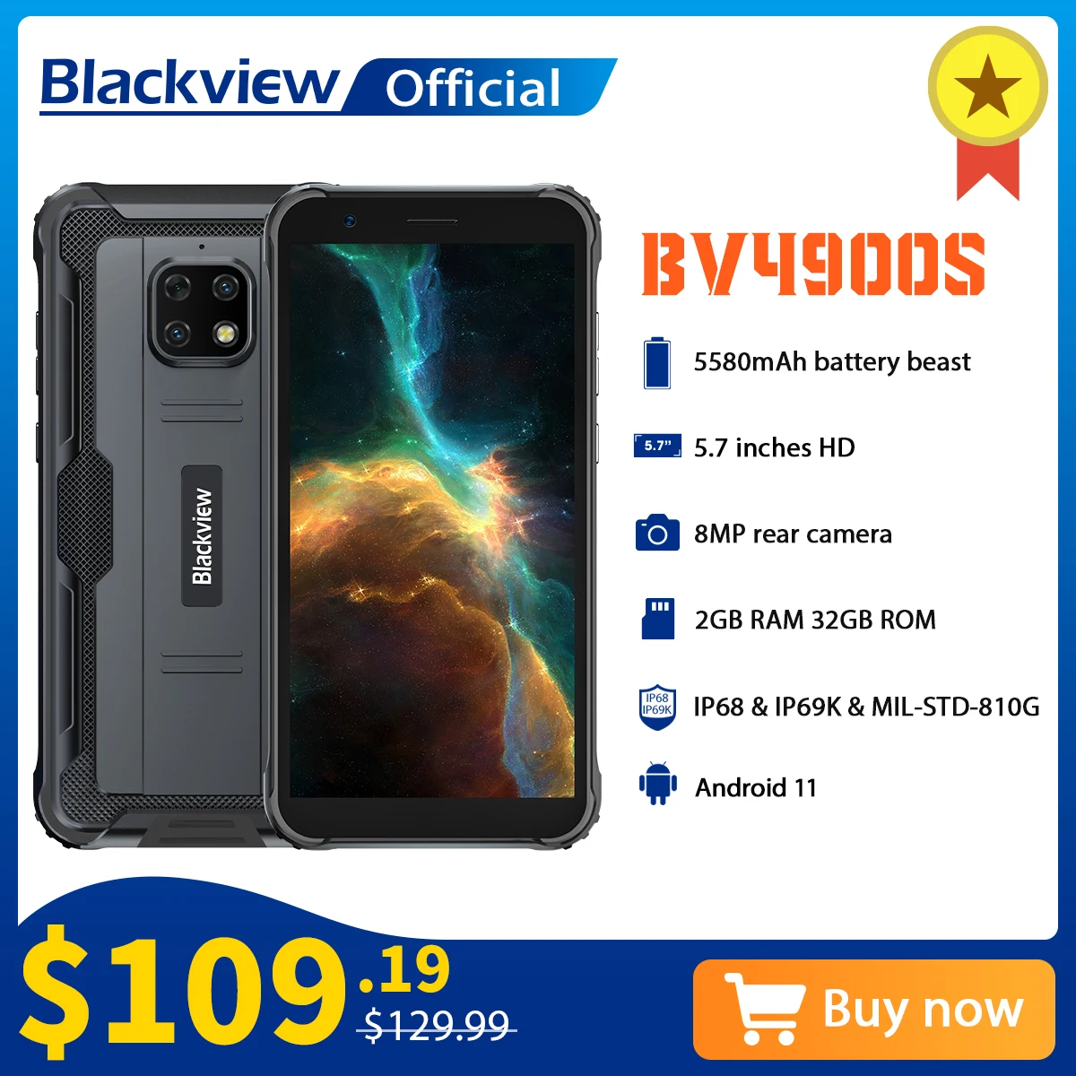 Blackview BV4900S Rugged Smartphone IP68 Waterproof Cellphones 2GB+32GB Android 11 Octa Core Mobile Phone 5580mAh 5.7inch Phone