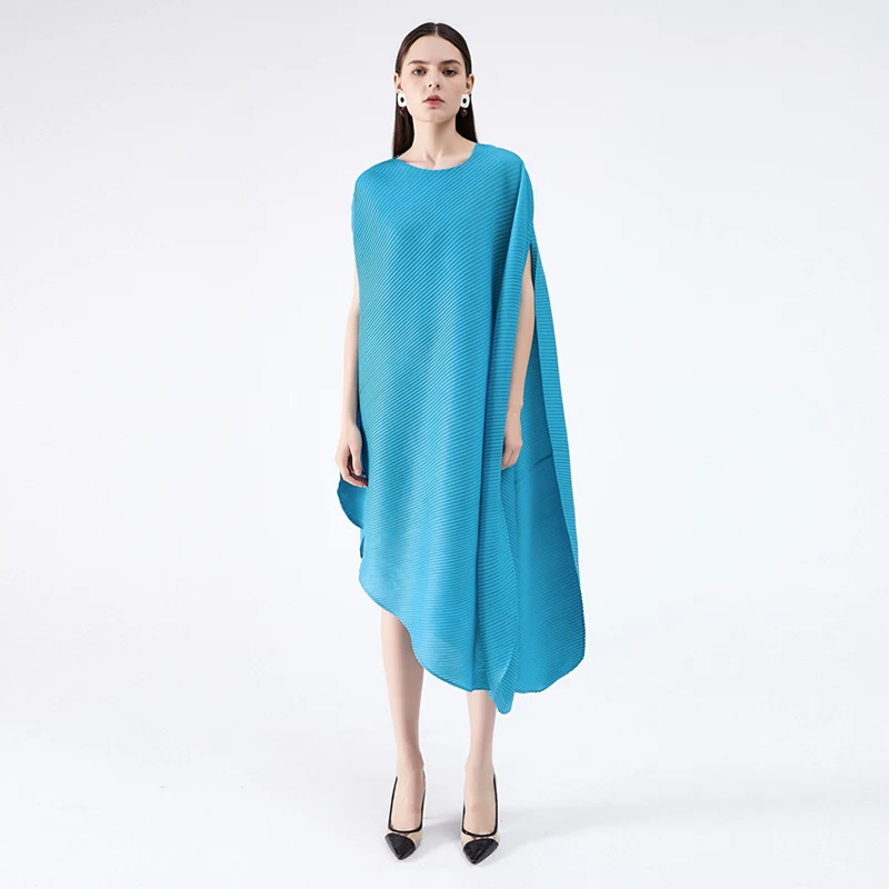 

Miyake Pleated New Summer Round Neck Asymmetrical Oval Dress Oversized Sleeveless Long Dress Women Aesthetic Designer Clothes