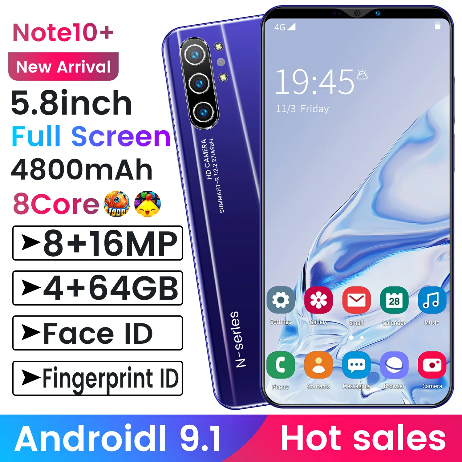 

Note 10+ 5.8inch Smartphone 6GB+64GB 8+16MP Full Screen 8Core 4800mAh Dual SIM 4G LTE 5G Android9.1 Network Mobile Phone