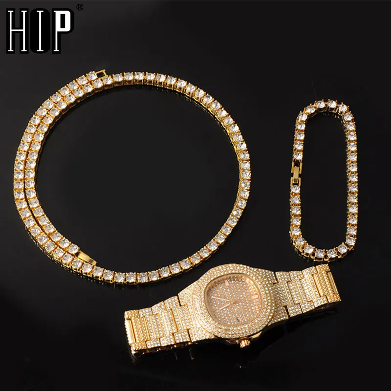 

Hip Hop Mens Iced Out Necklaces + Watch+Bracelet Rhinestone Choker Bling Crystal Tennis Chain Necklace For Men Jewelry