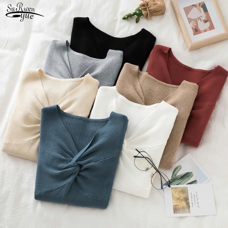 

New Solid Slim V-neck Sweater Autumn Winter Sweater Women Pullover Long Sleeve Sexy Women's Knitwear Basic Chic Jumper 17693