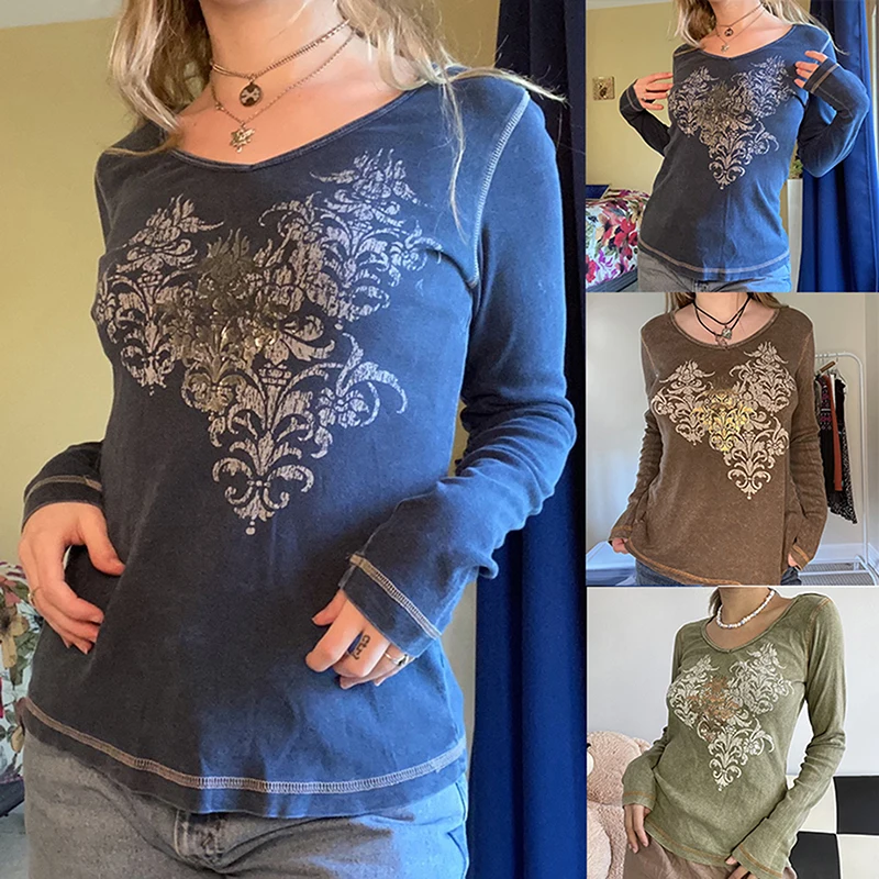 

Женские топы с V-образным вырезом, винтажные свободные футболки с длинным рукавом и цветочным принтом