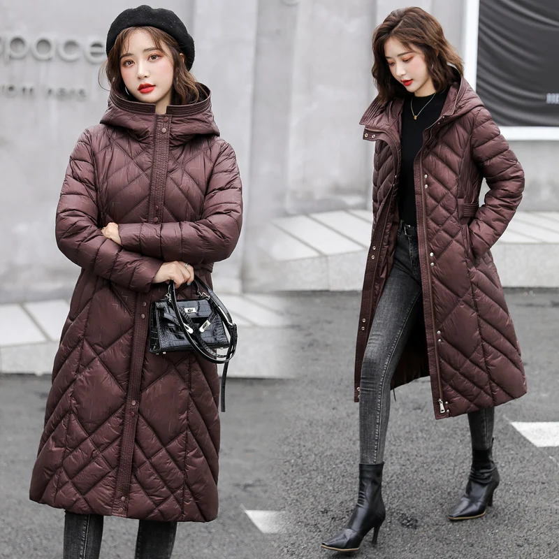 

2022 Lady Long Loose Hooded Parka Winter Women Jacket Casual Thick Gloosy Parka Coat Student Female Fashion Belted Jacket