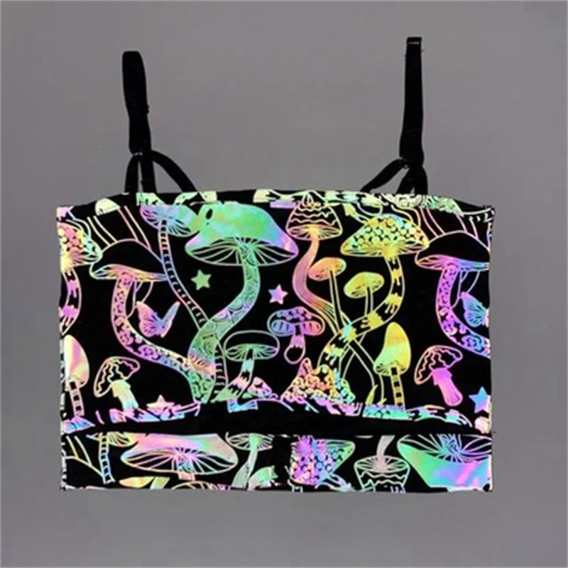 

Graphic T Shirts Fairy Grunge Reflective Mushroom Print Women Crop Top Fashion Tank Camis Kawaii Sleeveless Sling Top Ropa Mujer