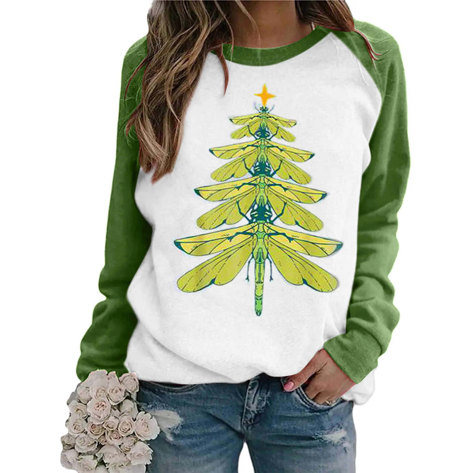 2021 Sweatshirt Women Cat Christmas Tree Dragonfly Christmas Tree Print Raglan Long Sleeve Sweatshirt Pullover Top Blouse #dz