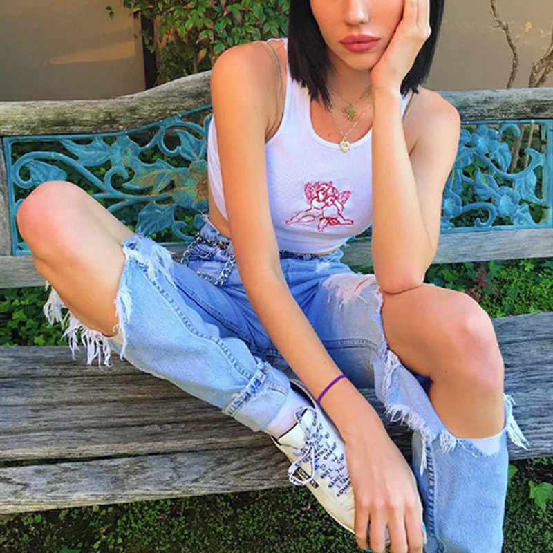 Женский милый укороченный топ без рукавов с вышивкой Амур новые белые короткие