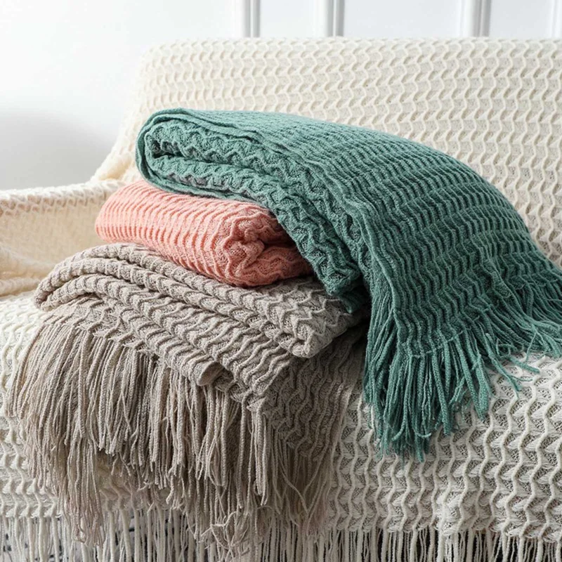 

Nordic Knitted Blanket Soild Color Sofa Throw Blanket With Tassels Travel TV Nap Blankets Air Condition Blankets Bed Decorative