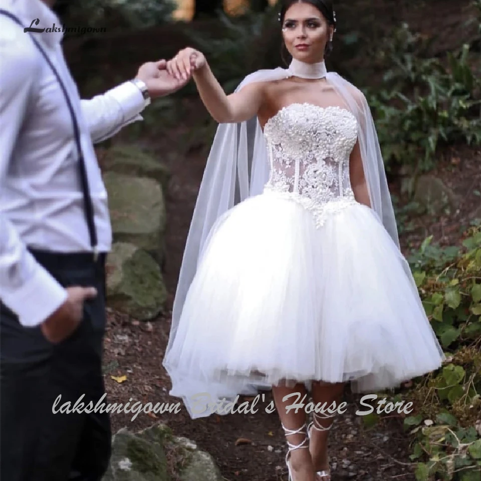 Lakshmigown фантастическое Короткое свадебное платье Vestido Curto без бретелек корсет жемчужные бисерные свадебные платья свадебное платье es