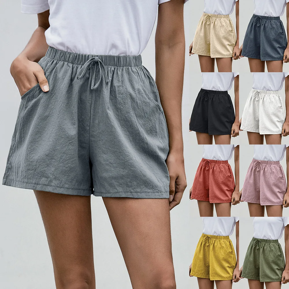 

Women's Casual Short Pants Linen Solid Loose Elastic Waist Wide-Leg Shorts