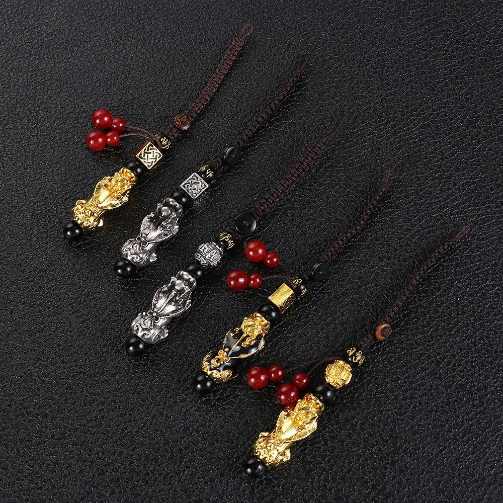 

Wealth Lucky Gifts Handmade Lucky Blessing Black Obsidian Bead Car Keychain Golden Pixiu Keychain Amulet