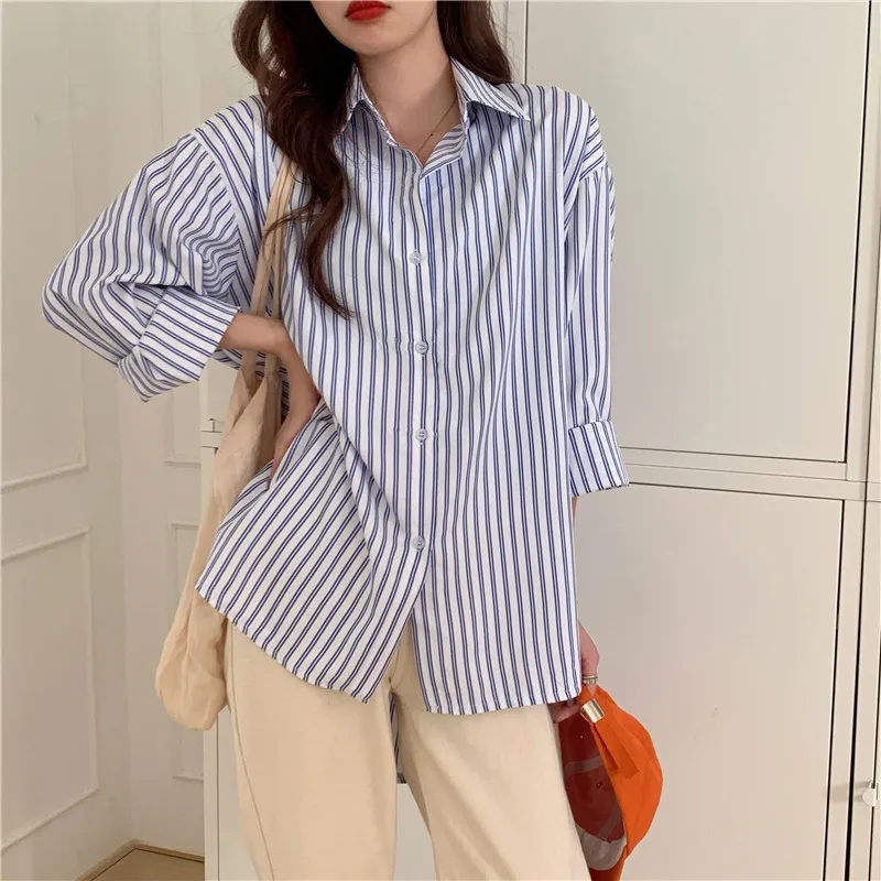 

Hipster Striped Women's Clothing Loose Long Sleeve Shirts Korean Clothes Fashion Brand Blouses Ladies Tops Oversize Autumn New