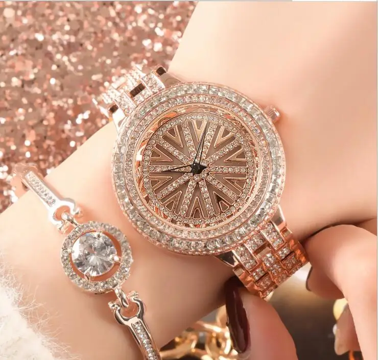 Rose gold white Новинка, роскошные модные женские часы с вращающимся циферблатом, стразы, женские наручные часы с бриллиантами, женские часы - Цвет: Rose gold white