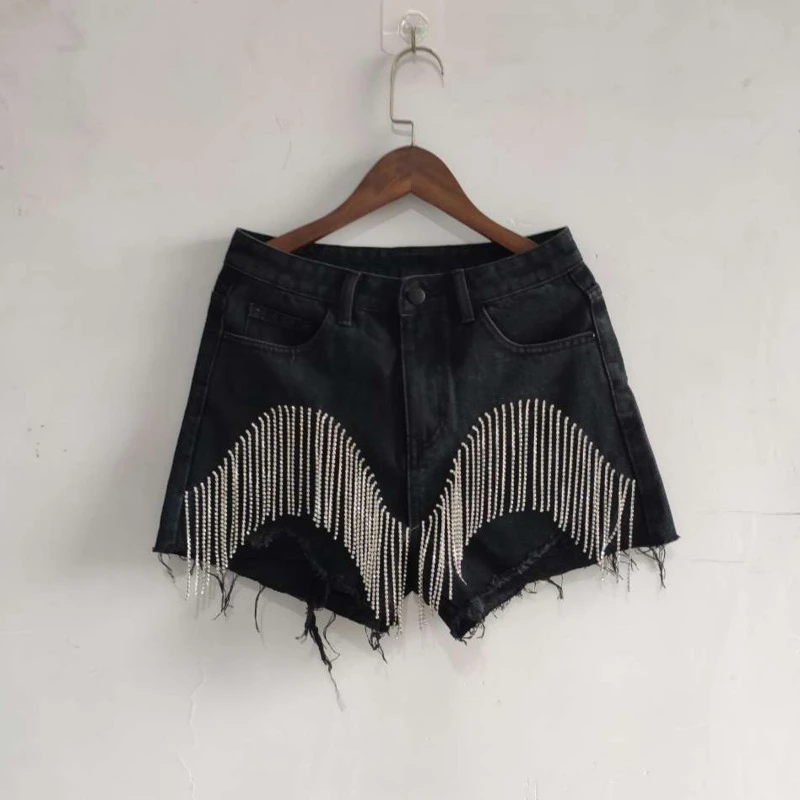 

Rhinestone 2021 Spring Summer Heavy Tassels Nail Diamond Beads High Thin Waist Light Blue Denim Shorts Women Sexy Club Wear New