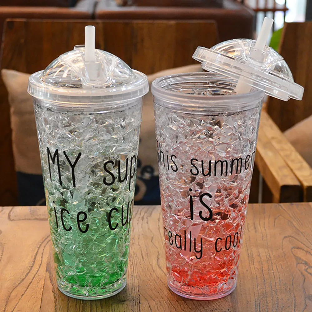 

Summer Drinking Cup For adults 550ml&450ml with Straw Ice Glasses Plastic Water Bottle with Cover Refrigeration Crushed Ice Cup