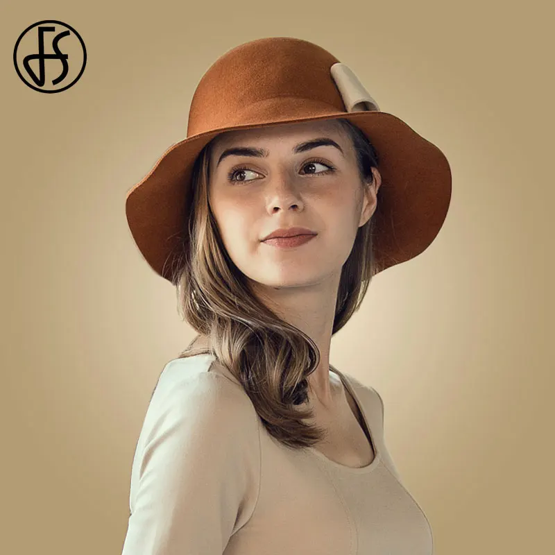 

FS Wool Fedora Hat Women Solid Wide Brim Felt Hats Vintage Blue Orange Pink Formal Dress Wedding Church Winter Cloche Hats