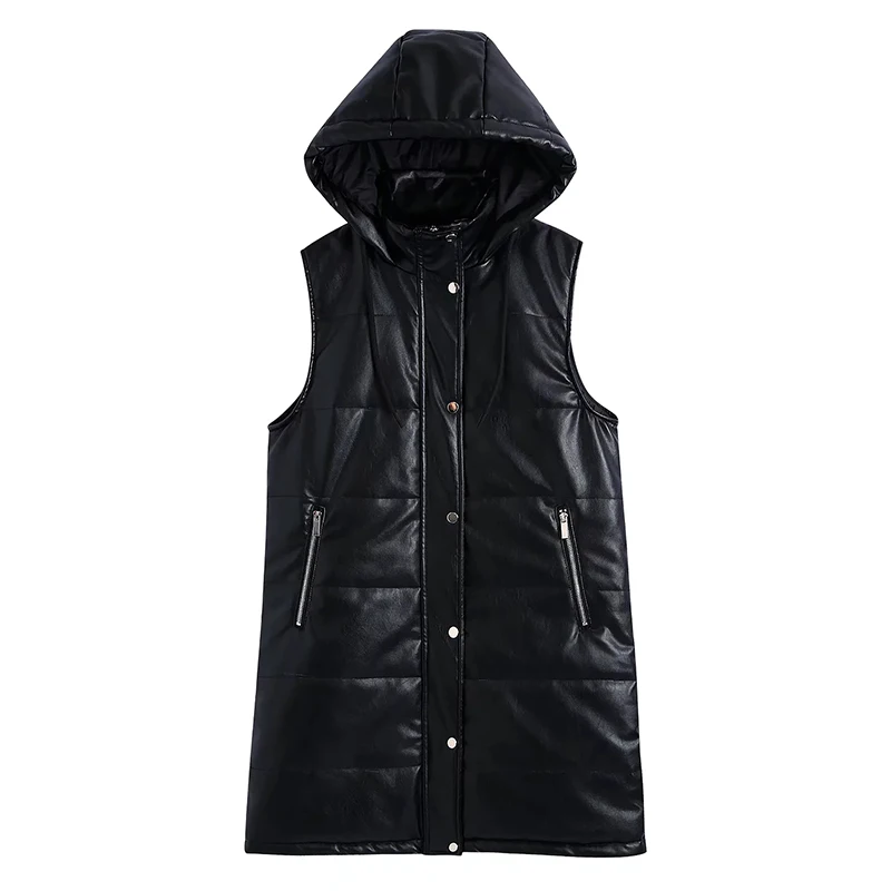 Enlarge 2022PU Faux Leather Long Parka Coat Hooded Single Breasted Waistcoats Women Winter Warm Thick Cotton Vest Casual Loose Outerwear