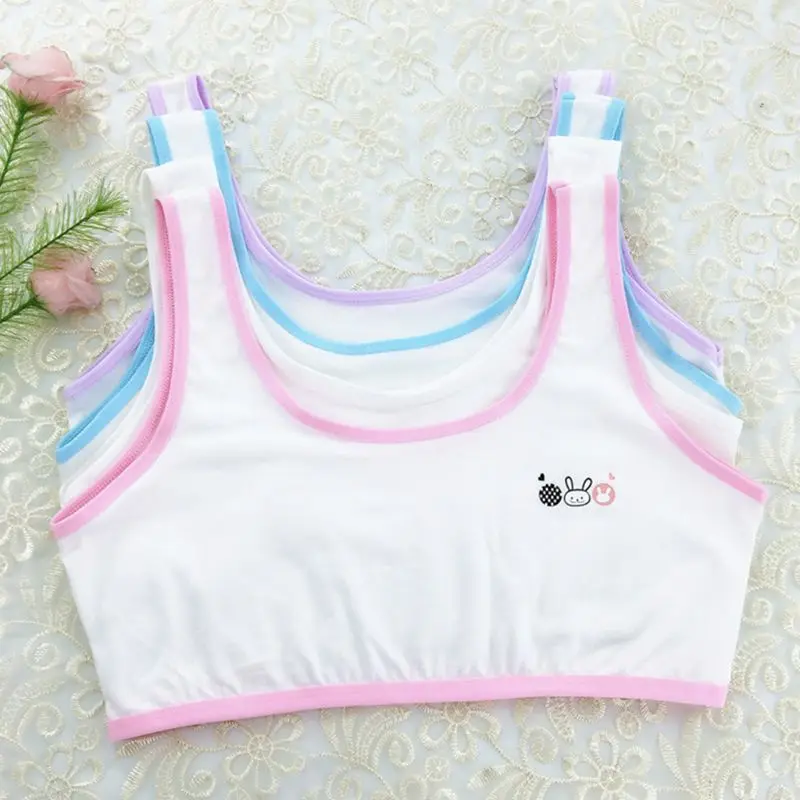 

75cm-95cm Puberty Girls Single Layer Underwear Cartoon Rabbit Contrast Color Training Bra Wide Straps Non-Padded Sport Tank Top