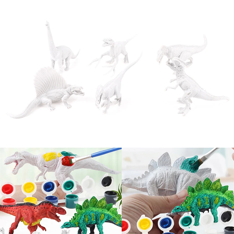 

1Set DIY Color Painting Dinosaur Animal Figurines Craft Kit Kids Play Set Painting Brush Pigment Semi-finished Model