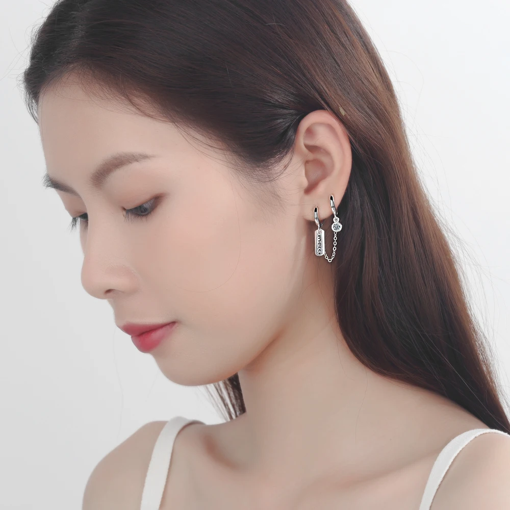ANENJERY 925 Sterling Silver 1PC Punk Double Ear Hole Letter &quotMerci" Hoop Earring With Cubic Zircon Earrings For Women S-E962 |