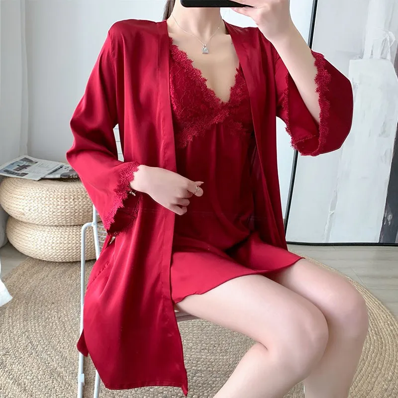 

Комплект женский кружевной из 2 предметов, Атласный халат-кимоно, пикантная одежда для свадьбы, вечеринки, шезлонга, интимное нижнее белье с ...