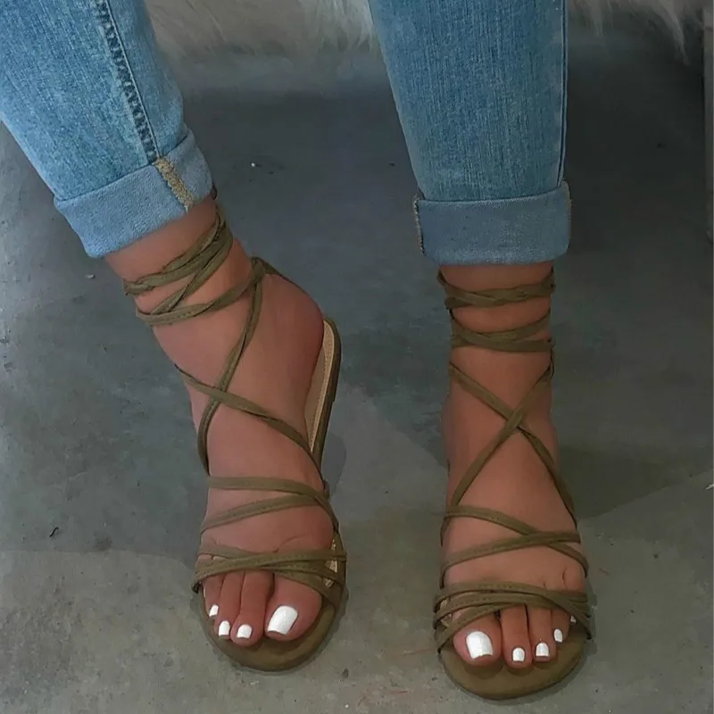 

Lace Up Sexy Flat Heel Women Sandals Ankle Strap Comfort Flock Ladies Summer Shoes Cross-tied Solid Light Weight Footwear