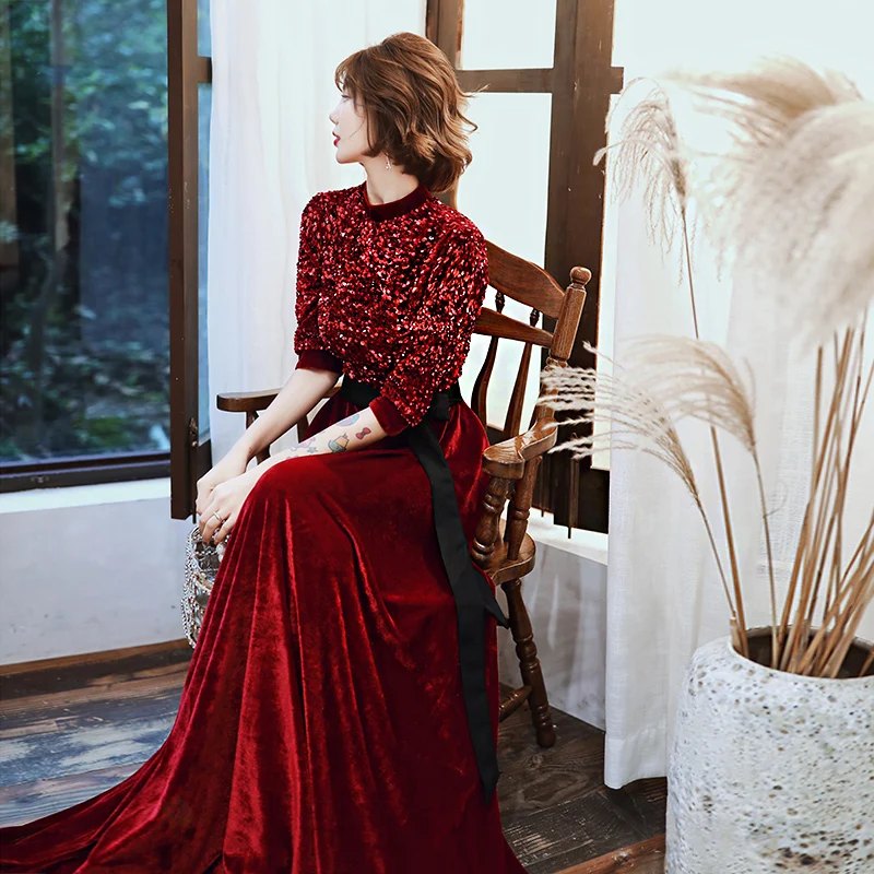 Женское винтажное вечернее платье SSYFashion велюровое винного цвета с рукавом 3/4