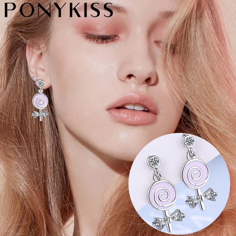 

PONYKISS Lovely 925 Sterling Silver Lollipop Enamel Bowknot Zircon Stud Earrings for Women Party Cute Fine Jewelry Drop Shipping