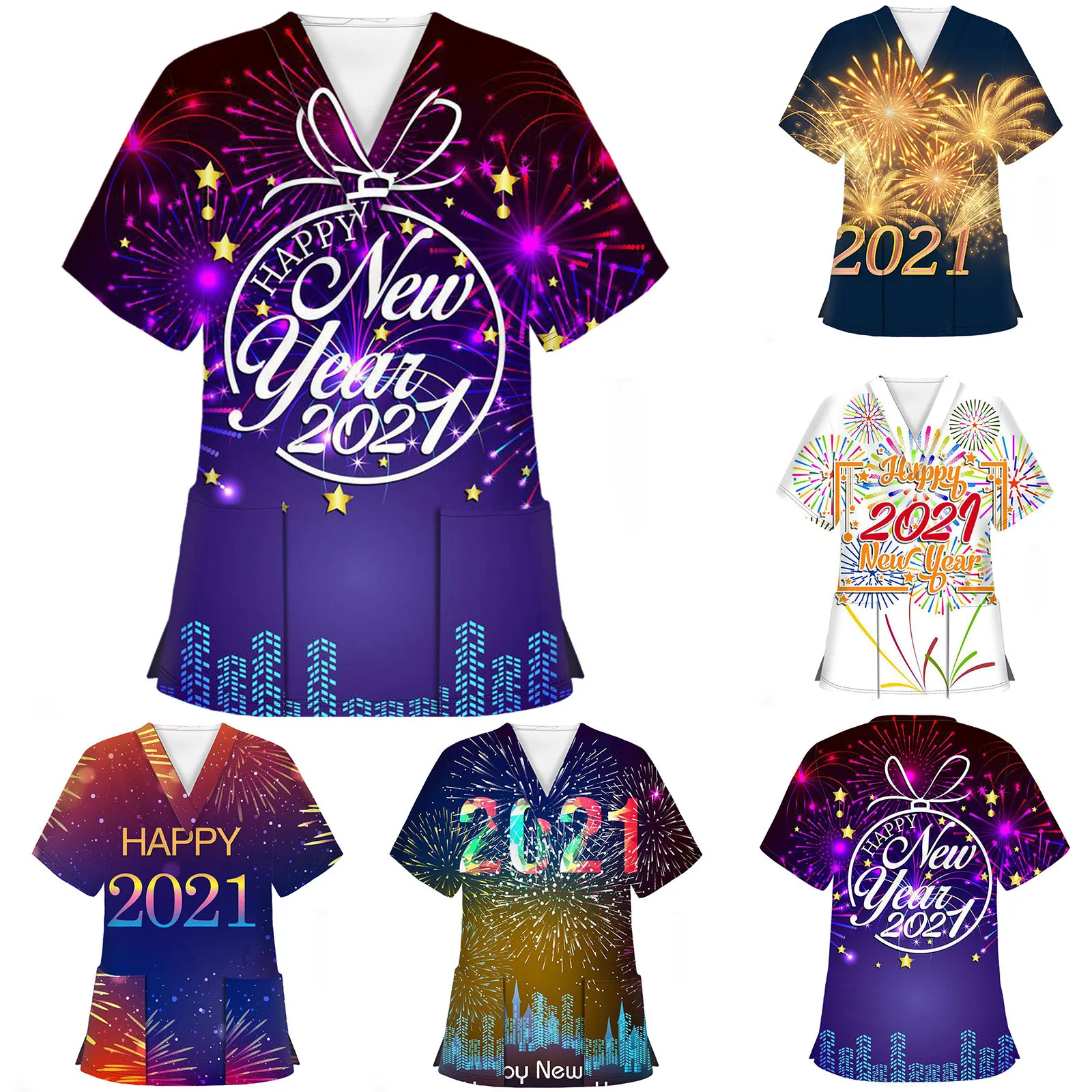 

Women's 2021 New Nurse Clothes Top New Year Short Sleeve V-neck Large Size Top Work Printing Nursing Top D*