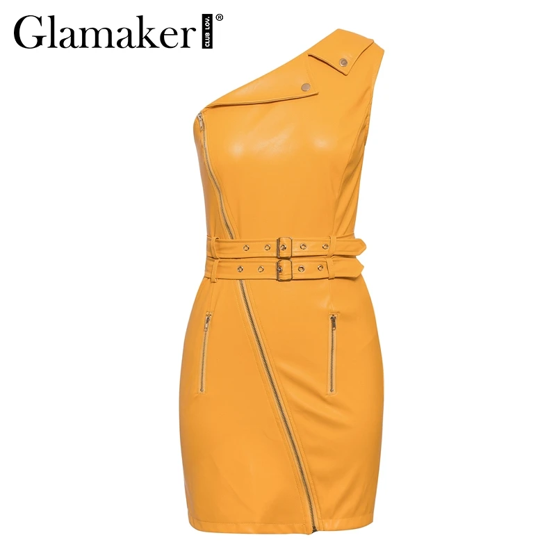 Женское платье на одно плечо Glamaker Осеннее облегающее из искусственной кожи