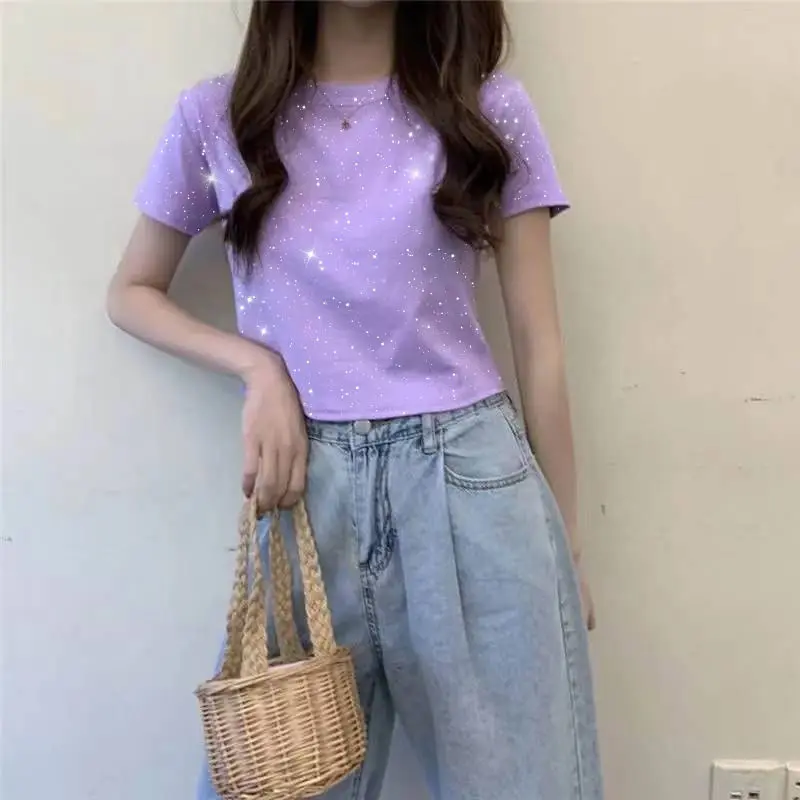 

T Shirts for Women T-shirts Sparkling Clothing Solid Mujer Camiseta Summer O-neck Graphic Top Ladies Female Tee Art T-Shirt