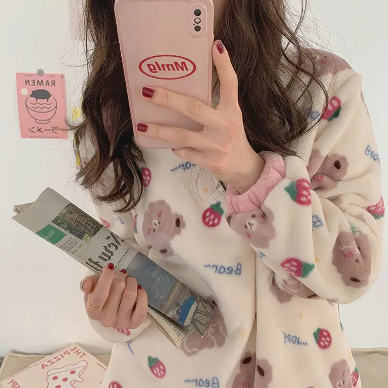 QWEEK Pajama Set Women Autumn Winter Coral Fleece Pijamas Korean Strawberry Bear Print Home Wear Girls Home Clothes Pour Female