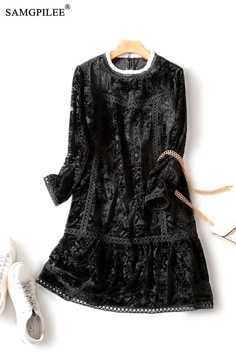 

Summer Clothes For Women 2020 Vintage A-line Solid Three Quarter Sleeve Lace Knee-length Empire O-neck Dresses For Women 3XL