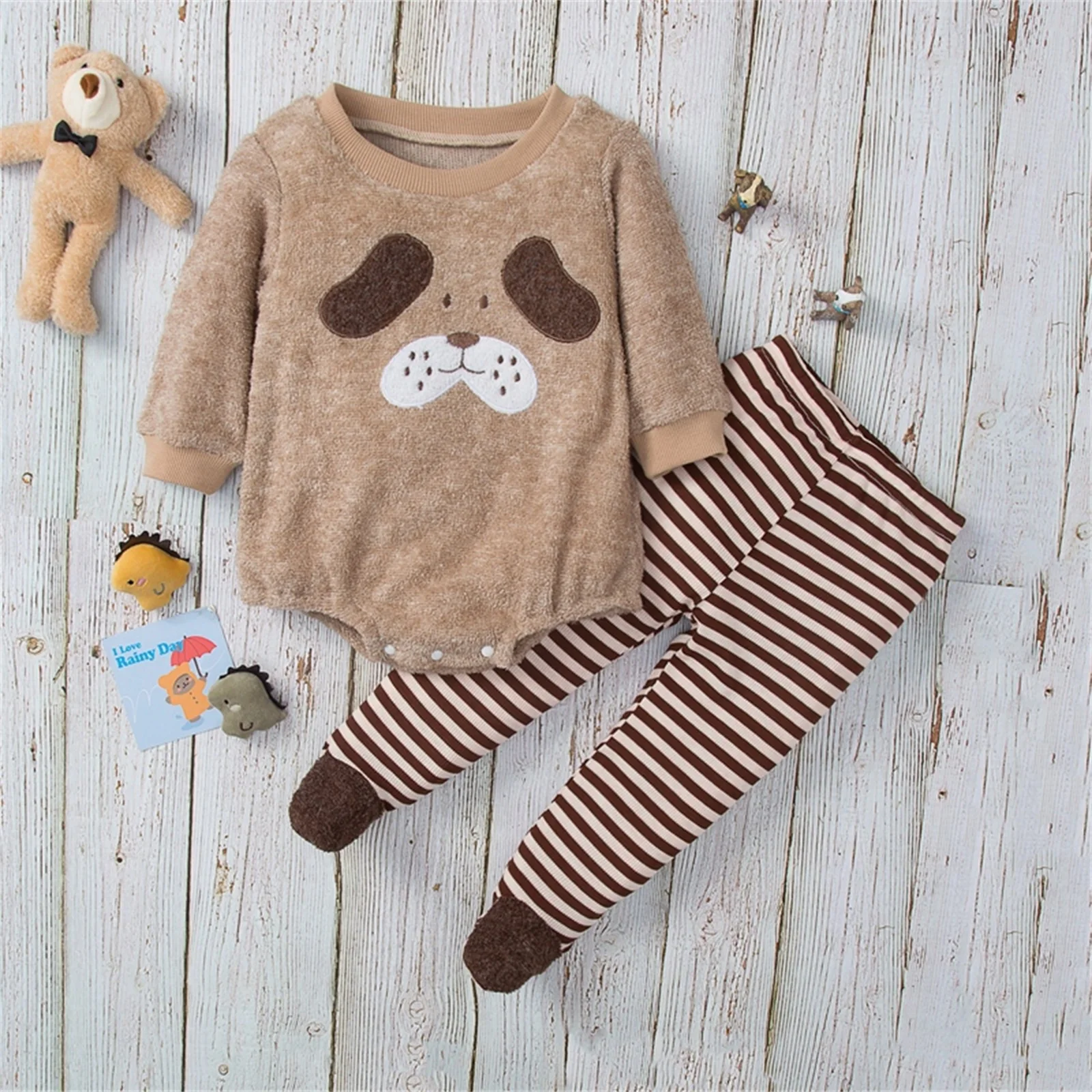 

Auutmn 2Pcs Baby Girls Plush Clothing Sets Ribbed O-Neck Long Sleeve Puppy Pattern Rompers Striped Foot-wrapped Pant Outfits