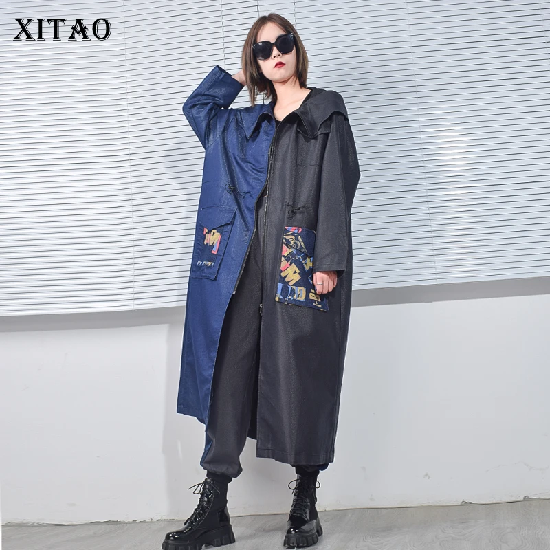 

XITAO New Women Trendy Trench Asymmetrical Contrast Color Splicing Fashion Loose Hooded Collar Autumn All-match Coat DZL5012