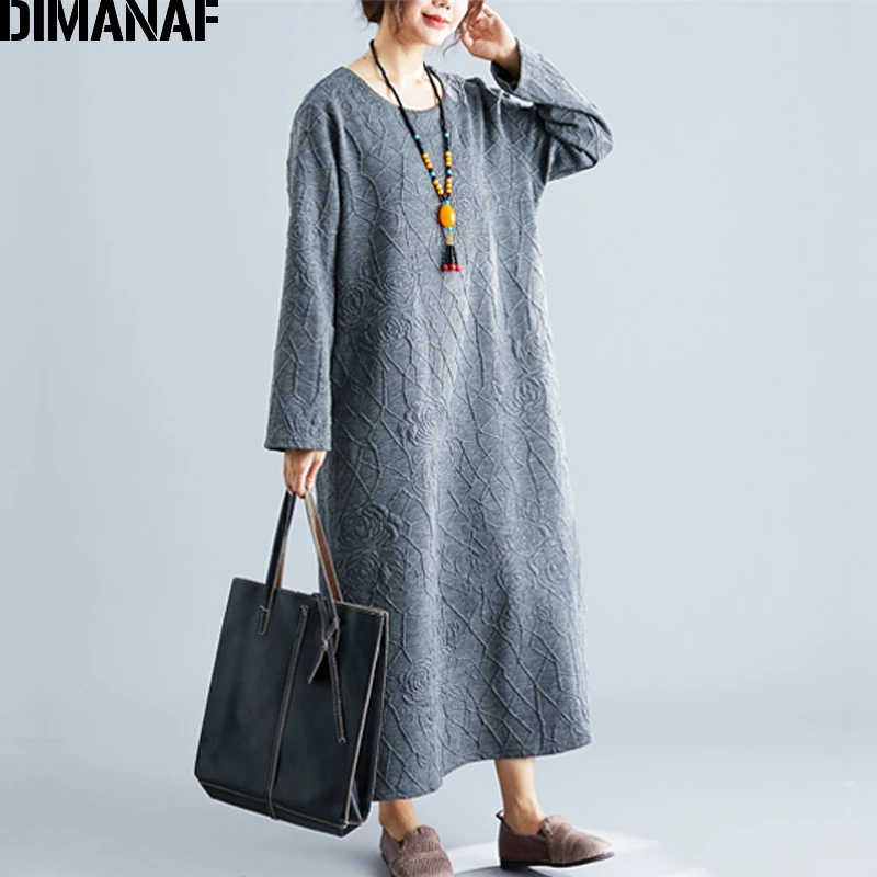 Ke91243CN-hui DIMANAF женское платье большого размера зимнее плотное винтажное элегантное свободное женское платье с длинным рукавом жаккардовое однотонное платье с цветочным рисунком - Цвет: Ke91243CN-hui
