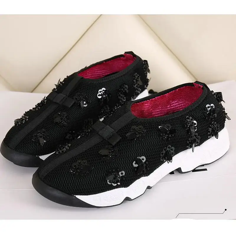 Free Shipping Celebrity Same Paragraph Summer Handmade Mesh Shoes Embroidery Women Casual Flats Sequin Heavy-bottomed For Small Size 33-41 Female |