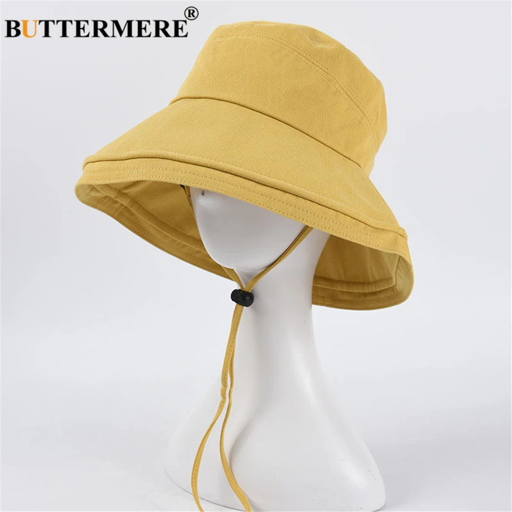 BUTTERMERE Sun Hat Women Yellow Floppy Cap Ladies Wide Brim Beach Summer Bucket Hats Cotton Solid Foldable Chapeau