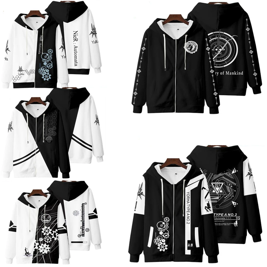 Winter Mens Jackets and Coats Anime NieR Automata 3D Hoodie Zipper Hooded Sweatshirt YoRHa No.2 Type B 2A 9S 2B Cosplay Costume