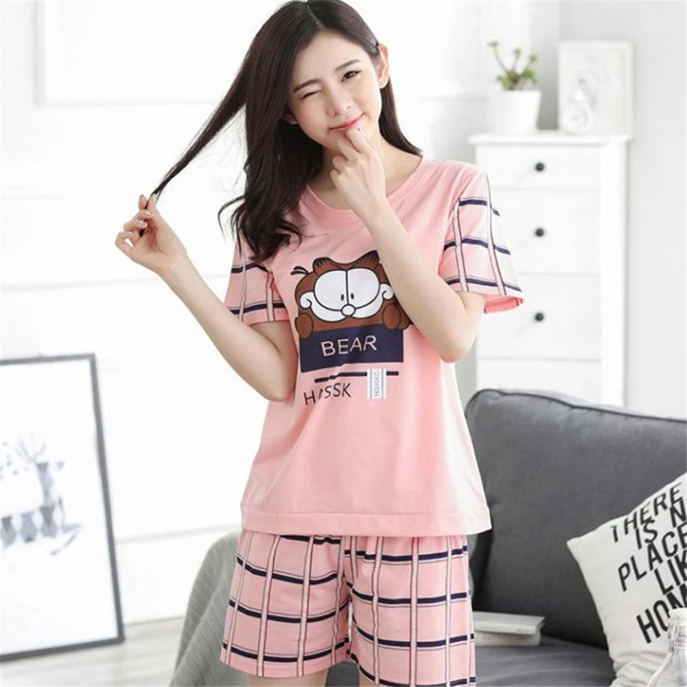 

Summer Women Pajamas Set Summer Sleep Wear Set Cute Short Sleeve Pajamas Suit Shorts Nightwear Cotton Suits Garfield 2XL