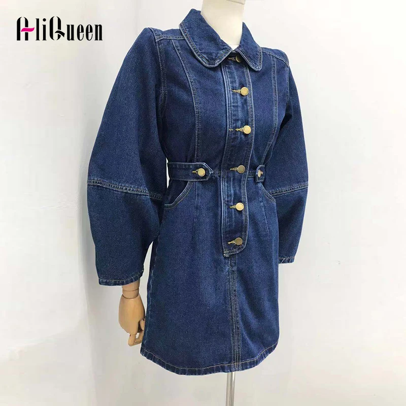 

Female Vintage Blue Mini Denim Dress Autumn French Temperament Clothing Sweet Lantern Sleeve Thin A Line Dress Vestido De Mujer