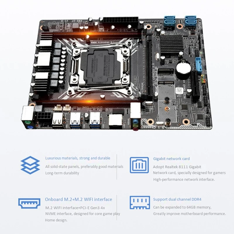 

X99-GT Computer Motherboard DDR4 Desktop Computer with Xeon E5 2011V3V4 Series CPU Supports WIFI PCI Express 16X