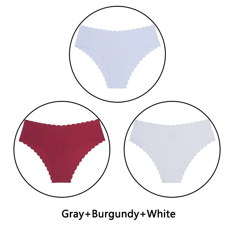 Gray Burgundy White 3 шт./партия, сексуальные трусики с оборками женский сексуальный бесшовный трусики с низкой посадкой, однотонное мягкое нижнее белье, женские Ультра тонкие трусики, нижнее белье - Цвет: Gray Burgundy White