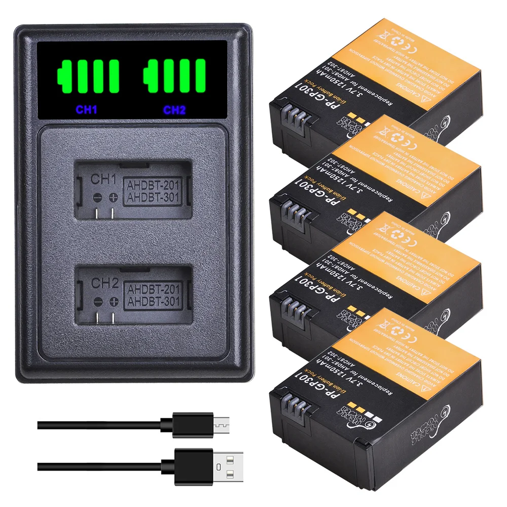 

Pickle Power 1250mAh AHDBT-201 AHDBT-301 AHDBT-302 Аккумулятор со светодиодным USB двойным зарядным устройством для GoPro Hero3 Hero3 +