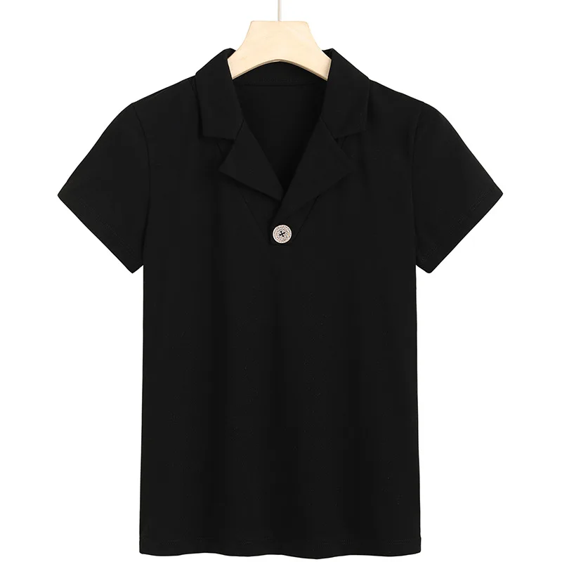 

2021 new short sleeve T-shirt women's suit collar button advanced casual half sleeve Lapel undercover 6918