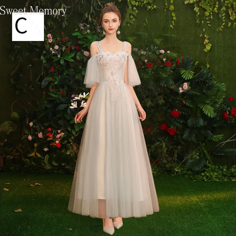 

2020 New Sweet Memory Lace Tulle Appliques Grey Bridesmaid Dresses Half Sleeve Wedding Party Dress