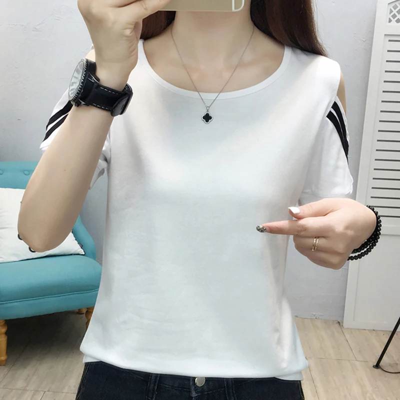 

Shintimes Off Shoulder T Shirt Women Striped Tshirt White 2021 Summer Womens Tops Black T-Shirt Woman Clothes Tee Shirt Femme