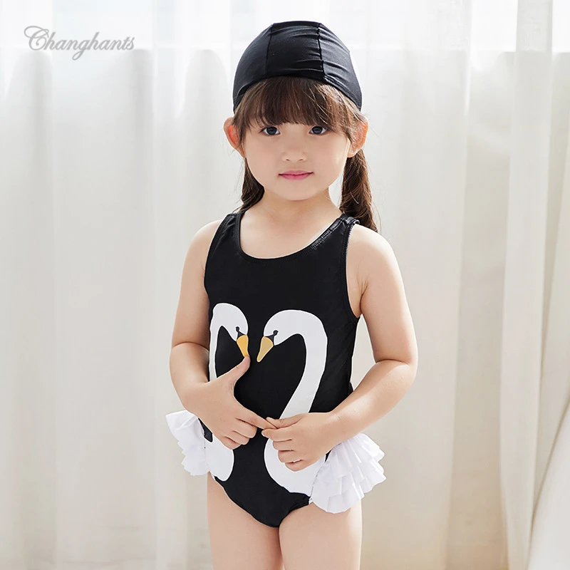 

1-9 Y Girls One Piece Swimsuit Black Pink Kids Swimwear Baby Sandy Beachwear Swimming Suit for Children with Swimming Cap