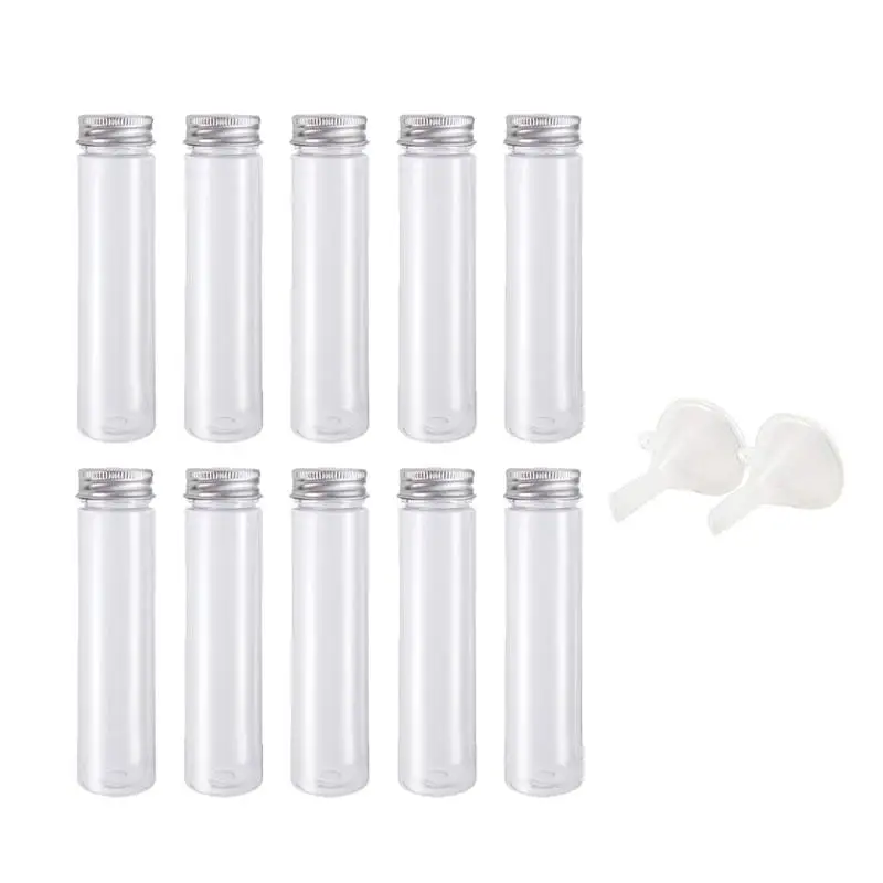 1 set/12Pcs Flat-bottomed Plastic Clear Test Tubes with Screw Caps Candy Cosmetic Travel Containers (10 Pcs Tubes, 2 Pcs Funnel)