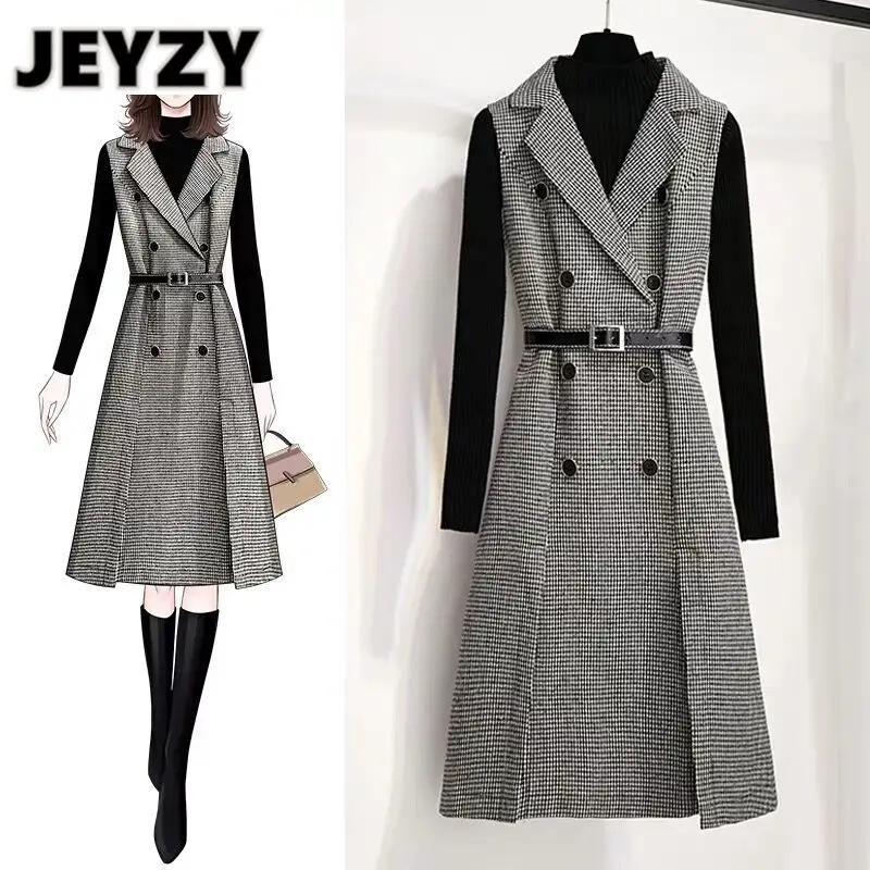 

Женское двубортное офисное твидовое платье средней длины, клетчатое платье без рукавов с отложным воротником и разрезом с поясом, Осень-зим...